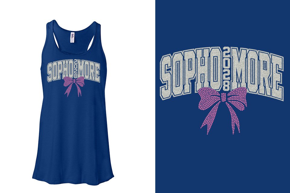 SOPHOMORE 2028 glitter rhinestones Youth Flowy Racerback Tank